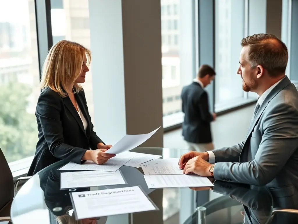 A lawyer is reviewing international trade regulations with a client in a modern office setting, emphasizing the importance of compliance and legal support in global trade.