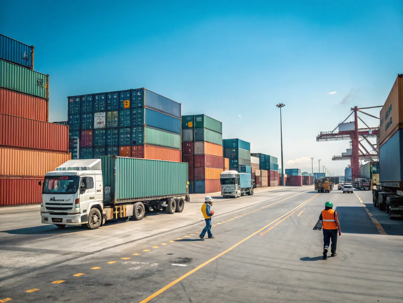 An image showing a global logistics operation with shipping containers and international couriers, symbolizing the facilitation of export and import processes.