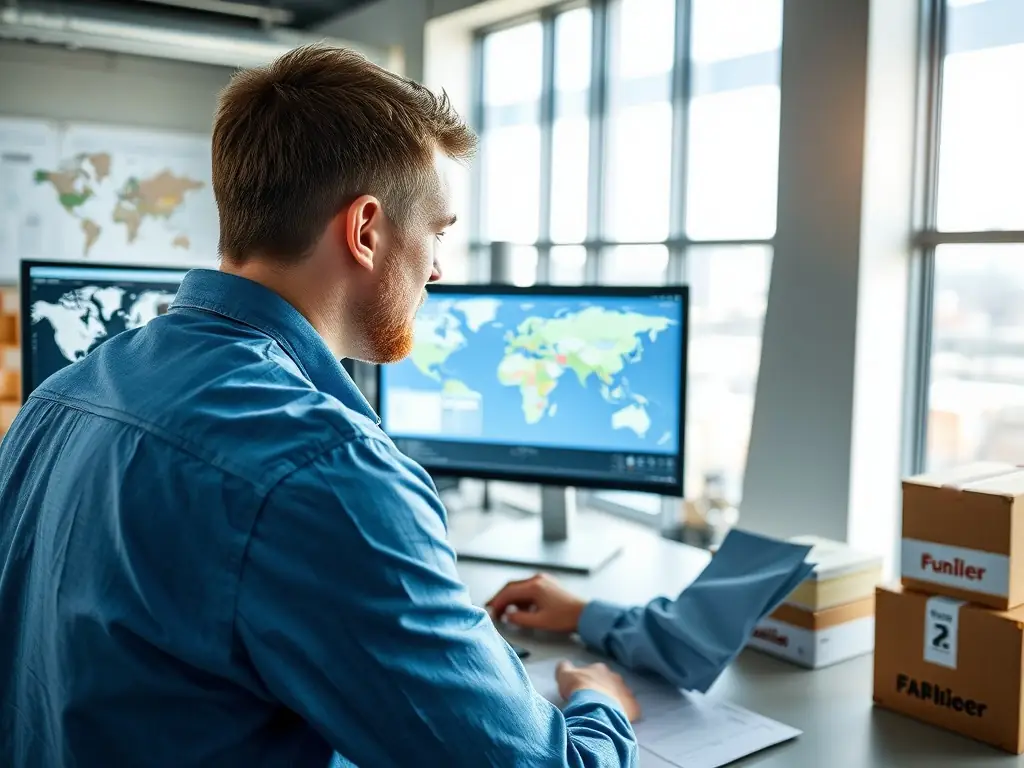 A focused professional is reviewing detailed shipping documents in a brightly lit office, surrounded by stacks of files and a world map in the background, symbolizing meticulous export/import facilitation.