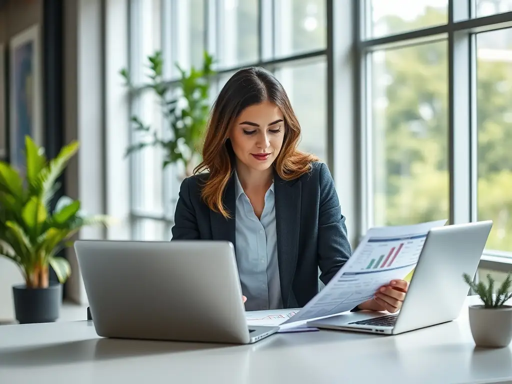 An image of a compliance officer reviewing trade documents with international flags in the background, highlighting the importance of regulatory support.
